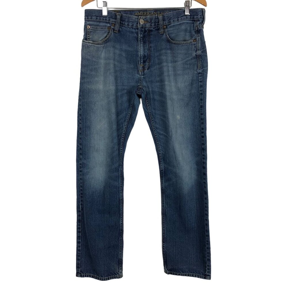 American Eagle Men's Slim Straight Jeans Sz 33x32 Blue Cotton Distressed Denim